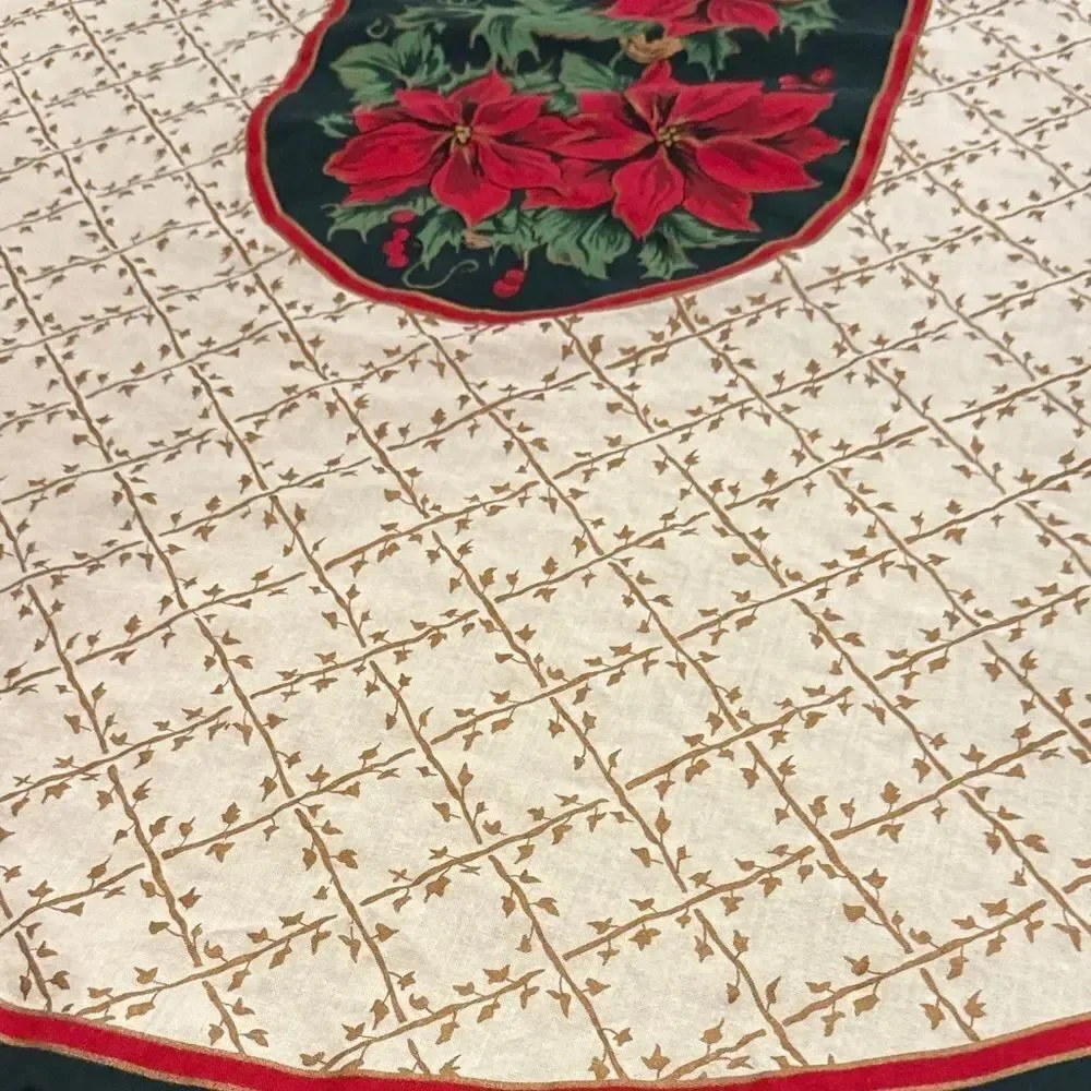 Elegant vintage Holiday Tablecloth with Poinsettia Design